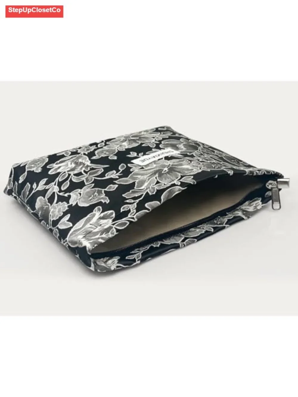 Large Canvas Cosmetic Bag with Zipper - Floral Embroidery Travel Toiletry Pouch